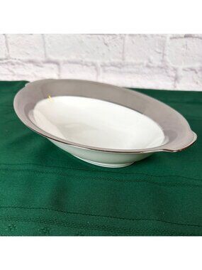 Vintage 50s Sango Platina 11" Oval Serving Bowl Gray Band Platinum Trim Japan